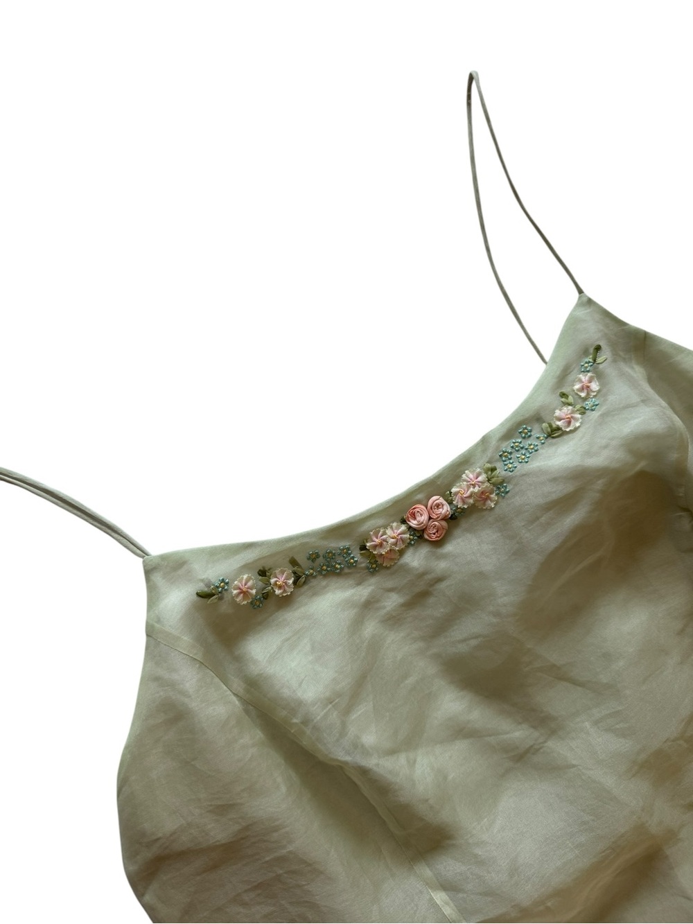 Hand-Embroidered Sage Green Spaghetti Strap Camisole Mini Dress